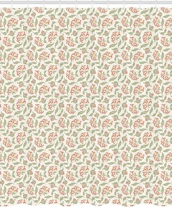 Art Nouveau Floral Shower Curtain, Cloth Fabric Bathroom Decor in Coral and Green with Blooms and Leaves