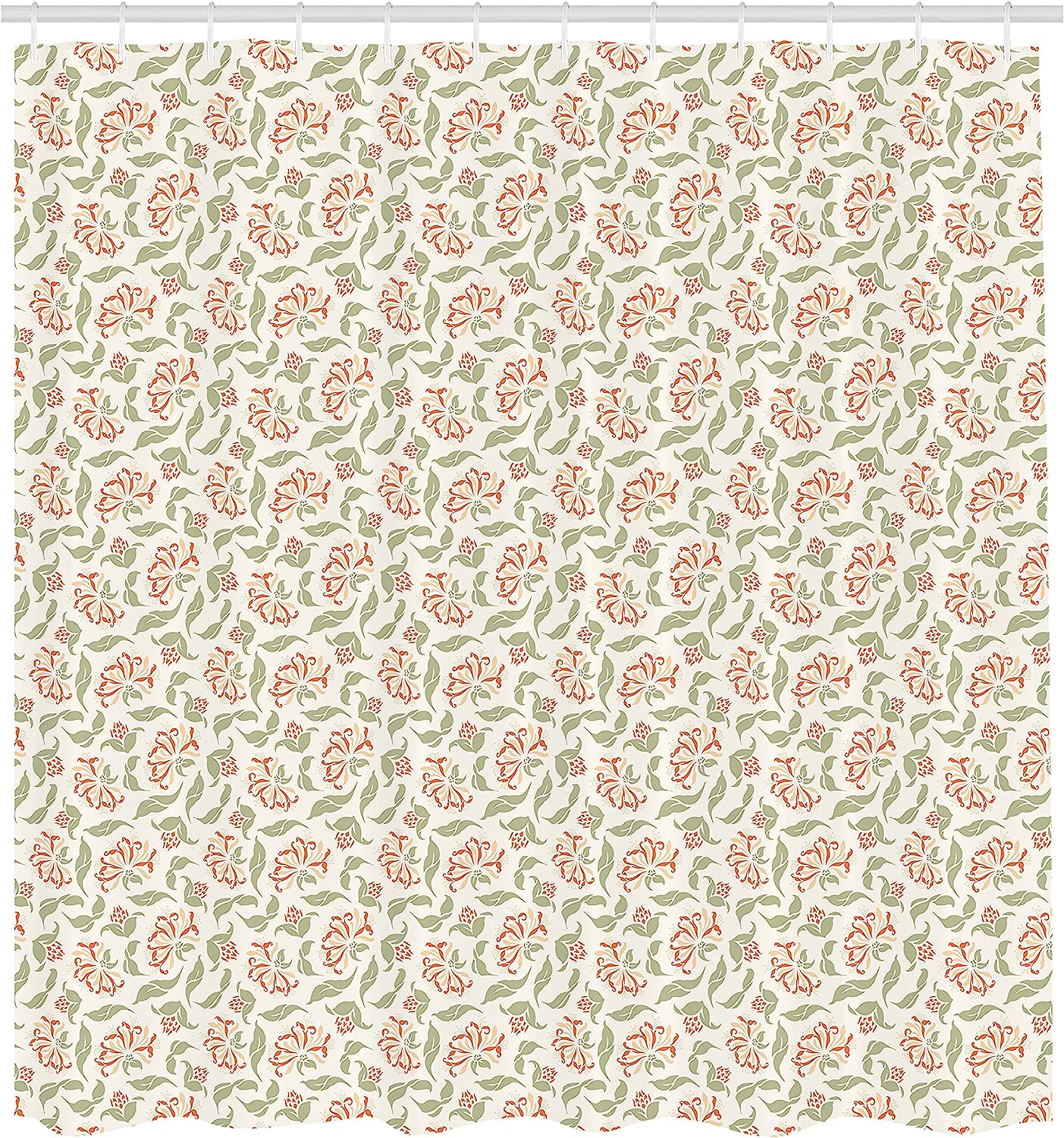 Art Nouveau Floral Shower Curtain, Cloth Fabric Bathroom Decor in Coral and Green with Blooms and Leaves