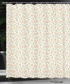 Art Nouveau Floral Shower Curtain, Cloth Fabric Bathroom Decor in Coral and Green with Blooms and Leaves