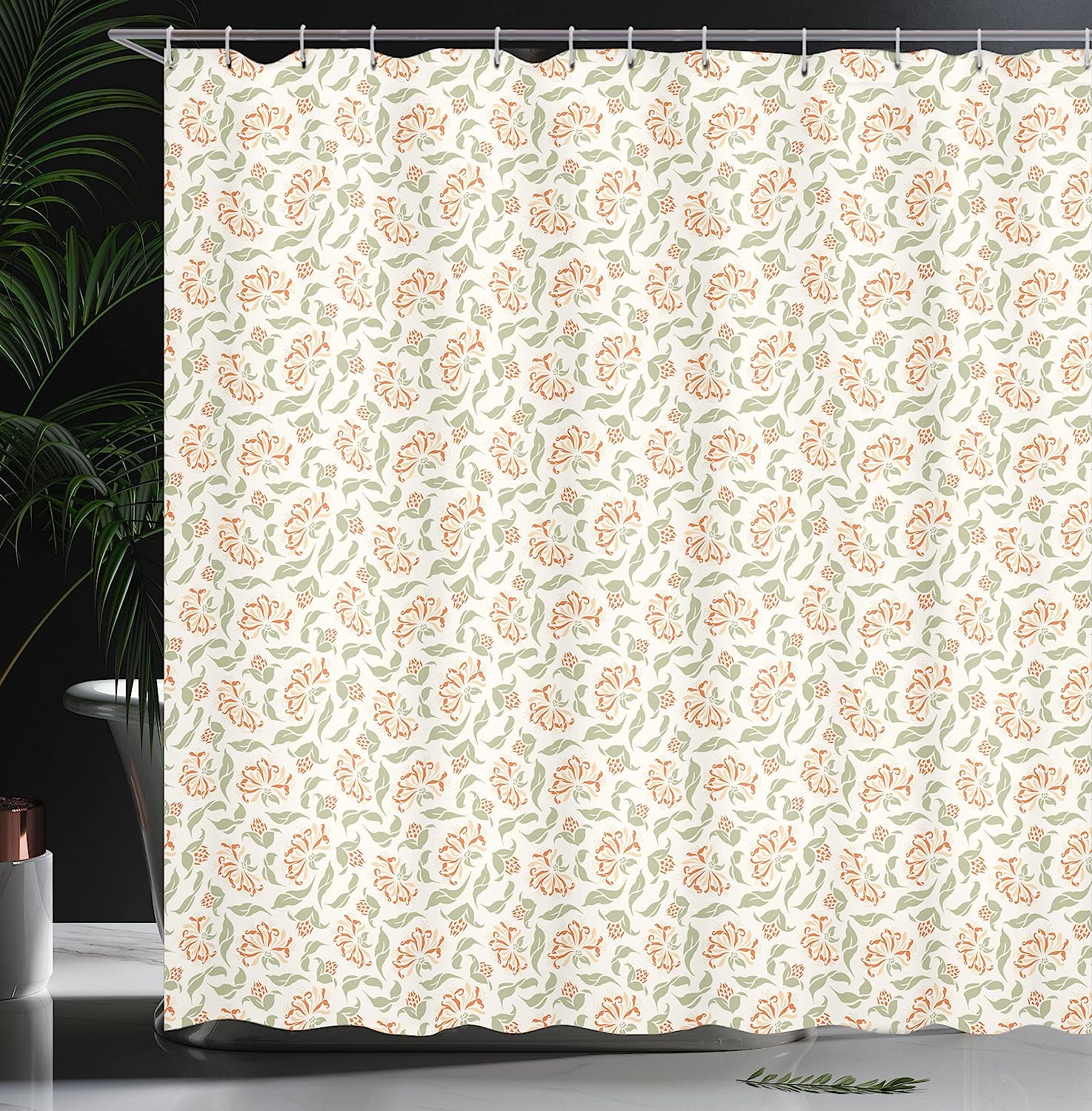 Art Nouveau Floral Shower Curtain, Cloth Fabric Bathroom Decor in Coral and Green with Blooms and Leaves