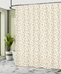 Art Nouveau Floral Shower Curtain, Cloth Fabric Bathroom Decor in Coral and Green with Blooms and Leaves