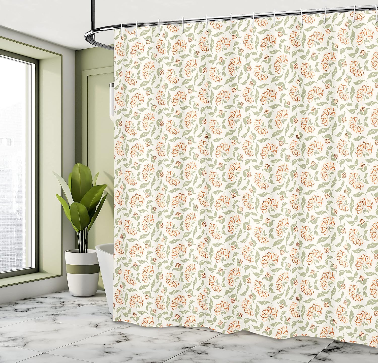 Art Nouveau Floral Shower Curtain, Cloth Fabric Bathroom Decor in Coral and Green with Blooms and Leaves