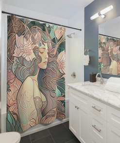 Art Nouveau Style Mermaid Shower Curtain, Muted Pastel Colors With Underwater Garden Print