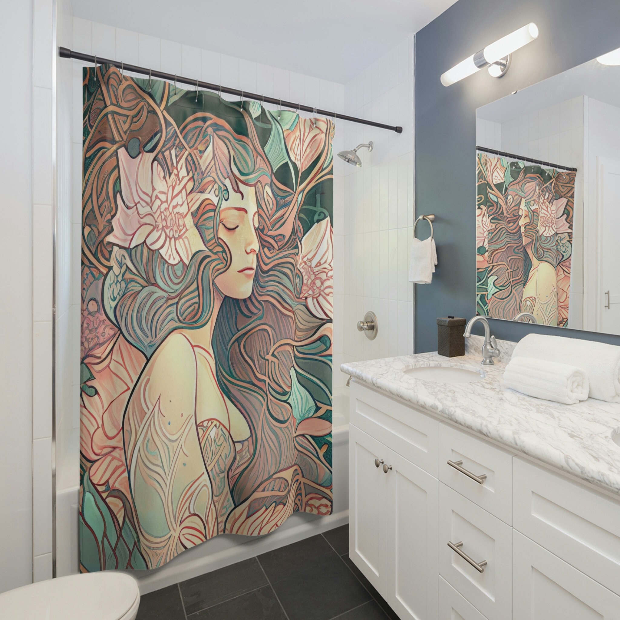Art Nouveau Style Mermaid Shower Curtain, Muted Pastel Colors With Underwater Garden Print