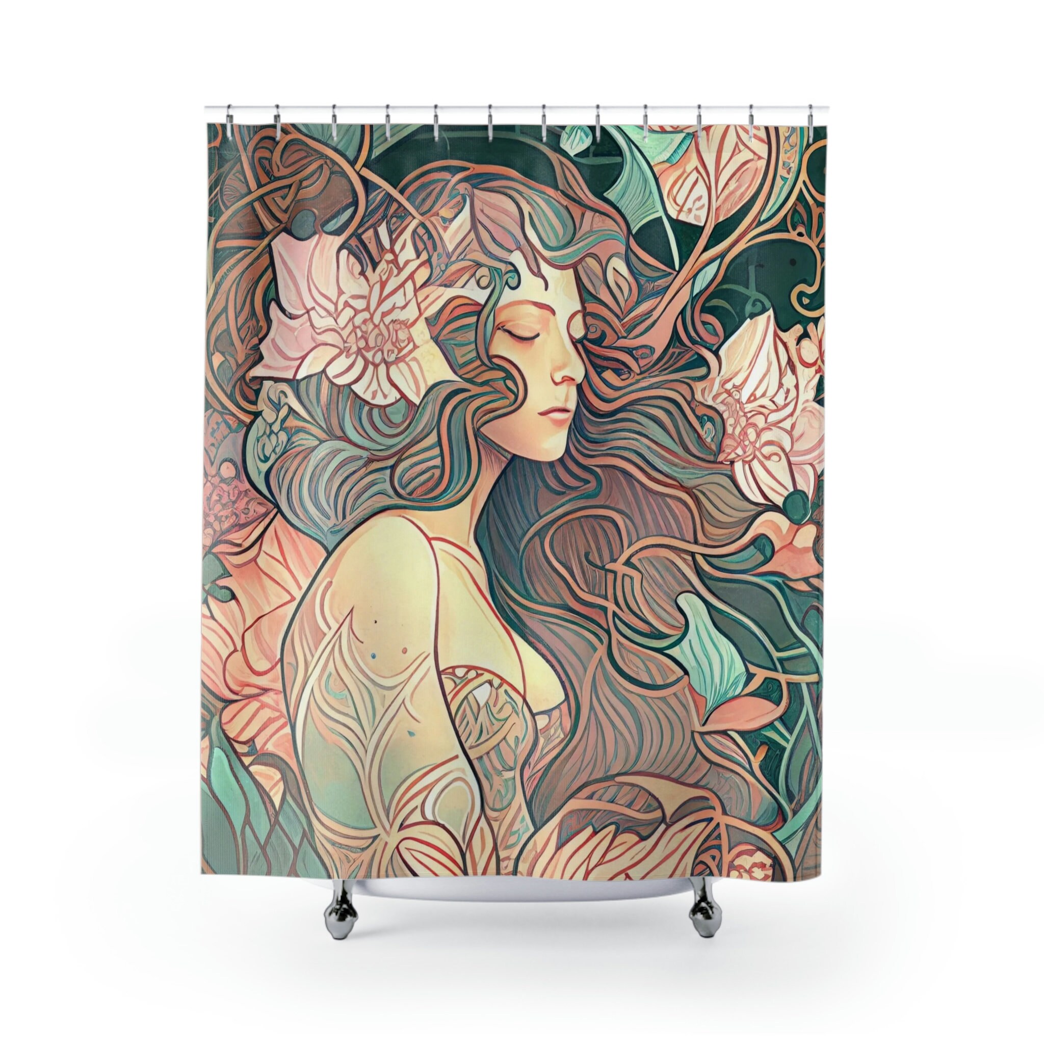 Art Nouveau Style Mermaid Shower Curtain, Muted Pastel Colors With Underwater Garden Print - Image 2