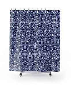 Art Nouveau William Morris Blue Boho Shower Curtain With White And Cobalt Blue Print