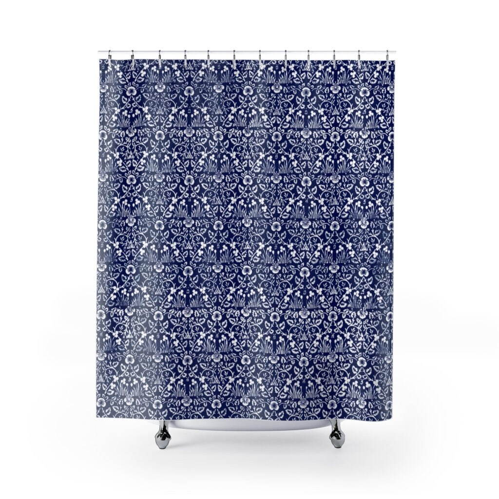 Art Nouveau William Morris Blue Boho Shower Curtain With White And Cobalt Blue Print