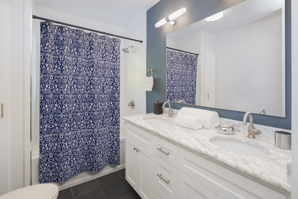 Art Nouveau William Morris Blue Boho Shower Curtain With White And Cobalt Blue Print - Image 2