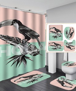 Art Toucan Palm Leaf Pineapple Shower Curtain - Exotic Fruit Bathroom Decor