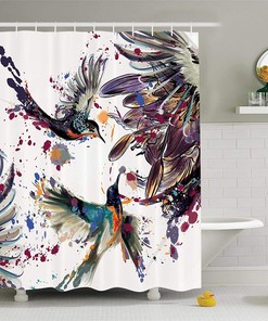Art With Lily Flowers Birds And Color Splashes Shower Curtain For Bathroom