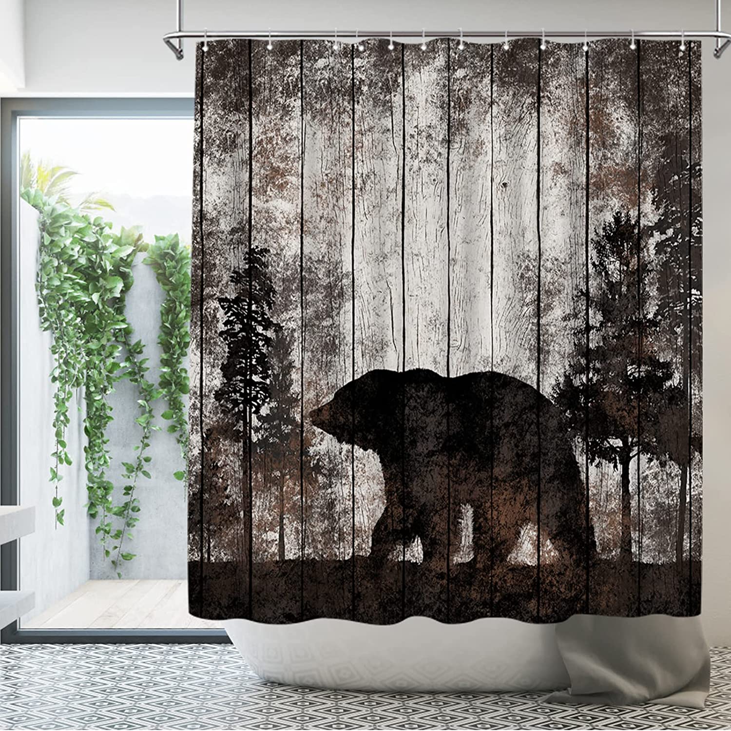 Artbones Rustic Bear Shower Curtain - Vintage Cabin Bathroom Decor - Image 2
