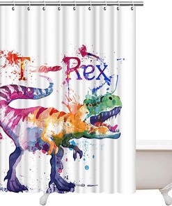 Artbones Watercolor Dinosaur Shower Curtain - Jurassic Adventure Bathroom Decor