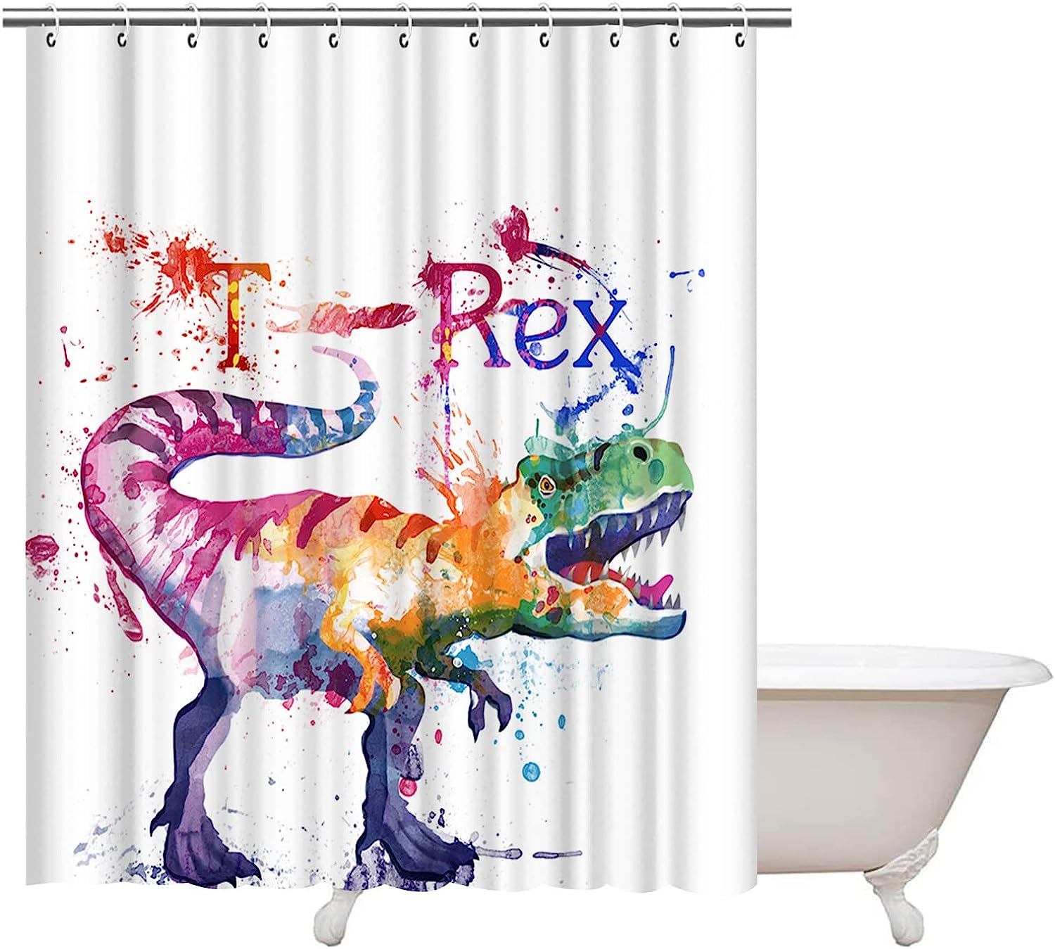 Artbones Watercolor Dinosaur Shower Curtain - Jurassic Adventure Bathroom Decor
