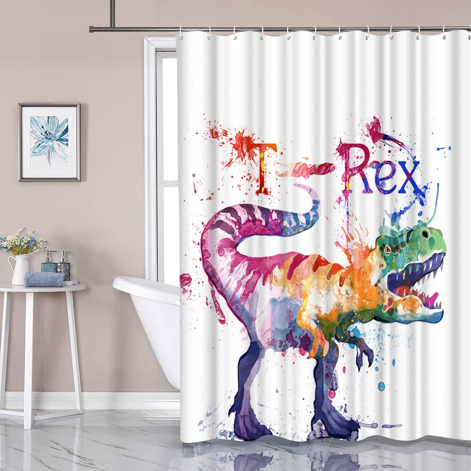Artbones Watercolor Dinosaur Shower Curtain - Jurassic Adventure Bathroom Decor - Image 2