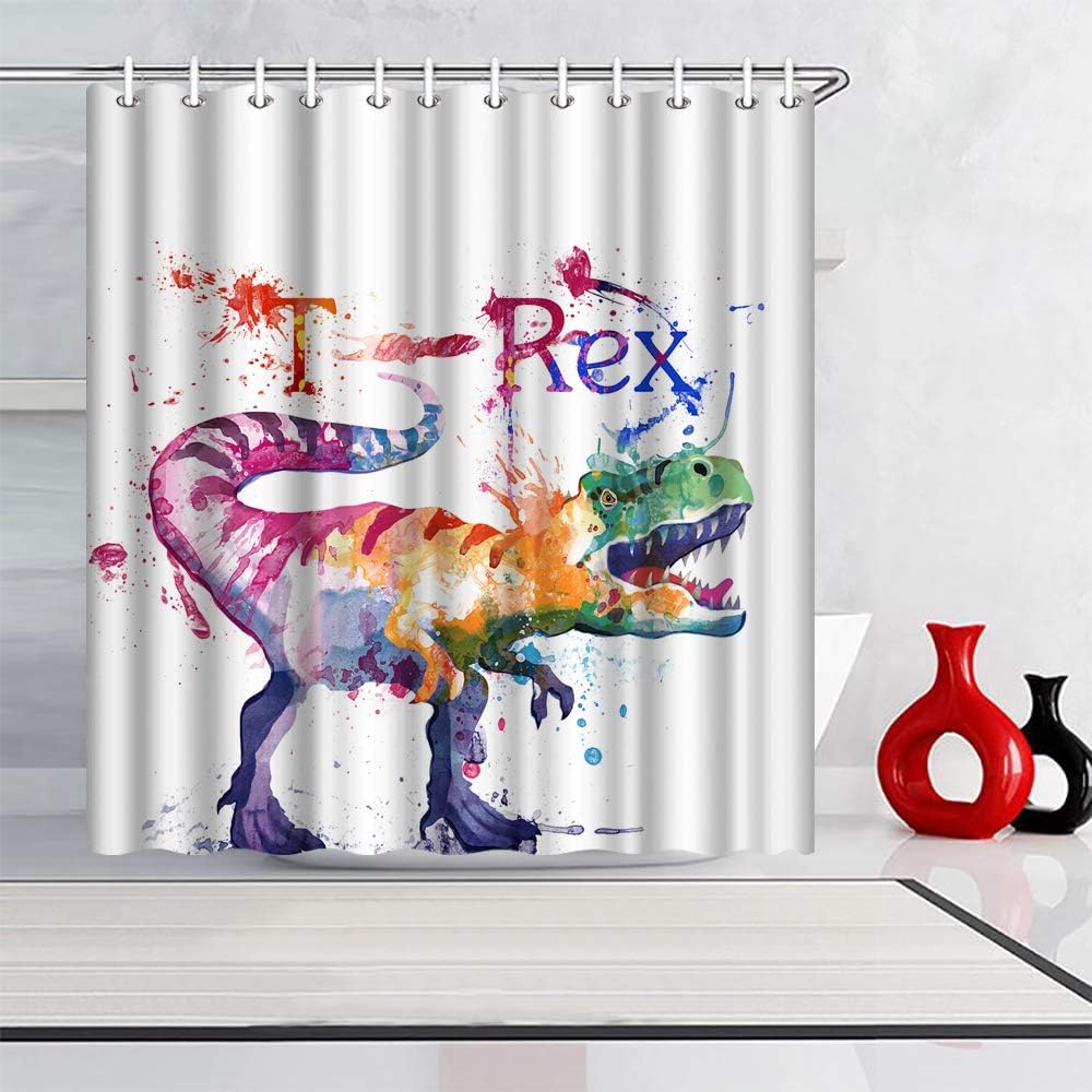 Artbones Watercolor Dinosaur Shower Curtain - Jurassic Adventure Bathroom Decor - Image 3