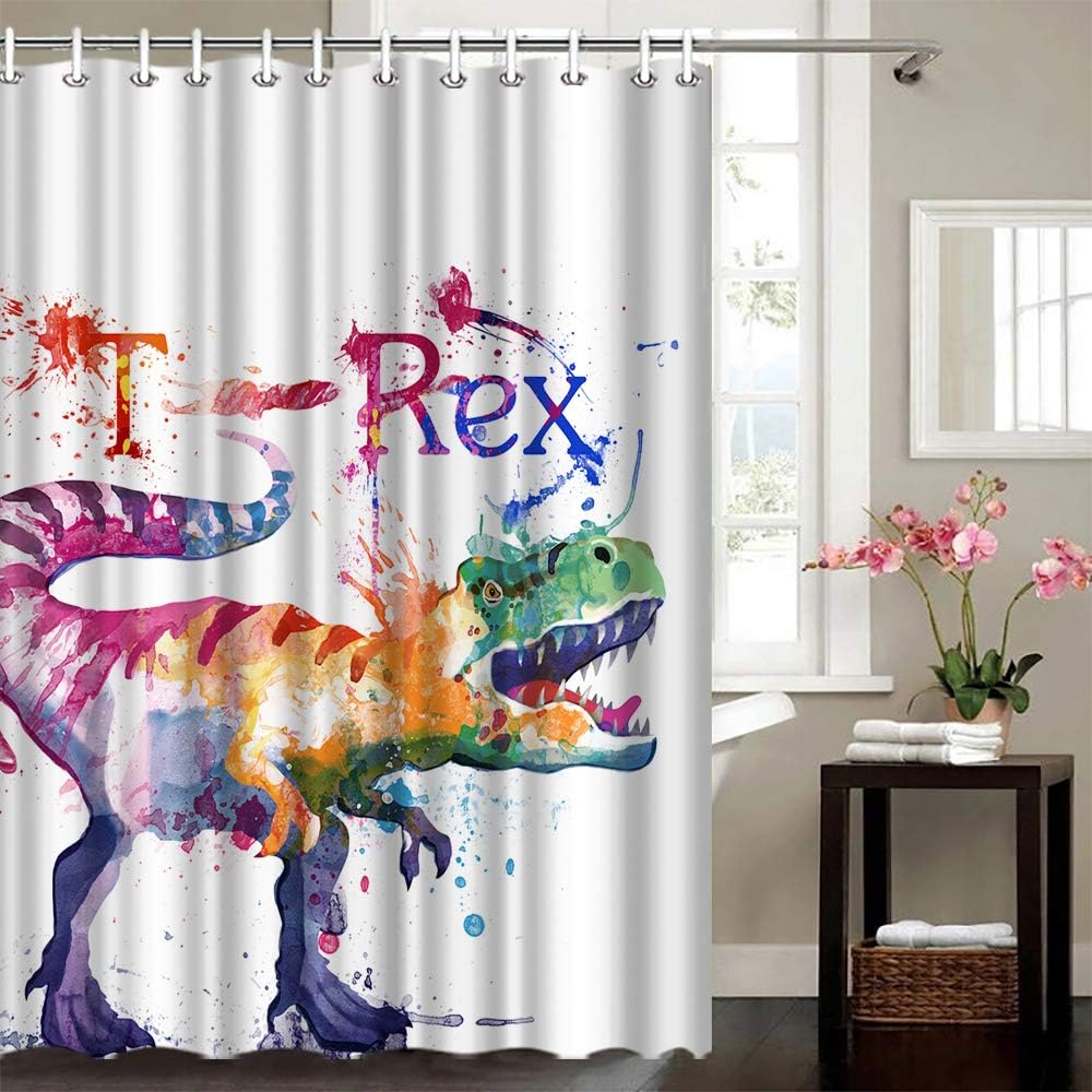 Artbones Watercolor Dinosaur Shower Curtain - Jurassic Adventure Bathroom Decor - Image 4