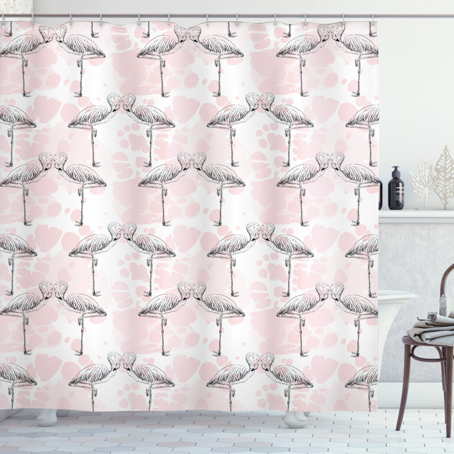 Artful Hearts Love Print Flamingo Shower Curtain For Romantic Bathroom Decor