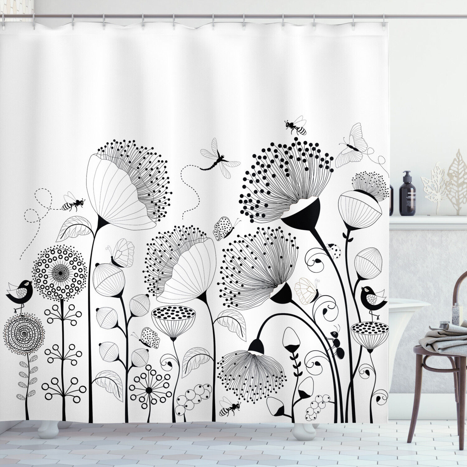 Artful Shower Curtain with Nature Pattern & Colorful Butterflies Print for a Whimsical and Charming Bathroom Decor