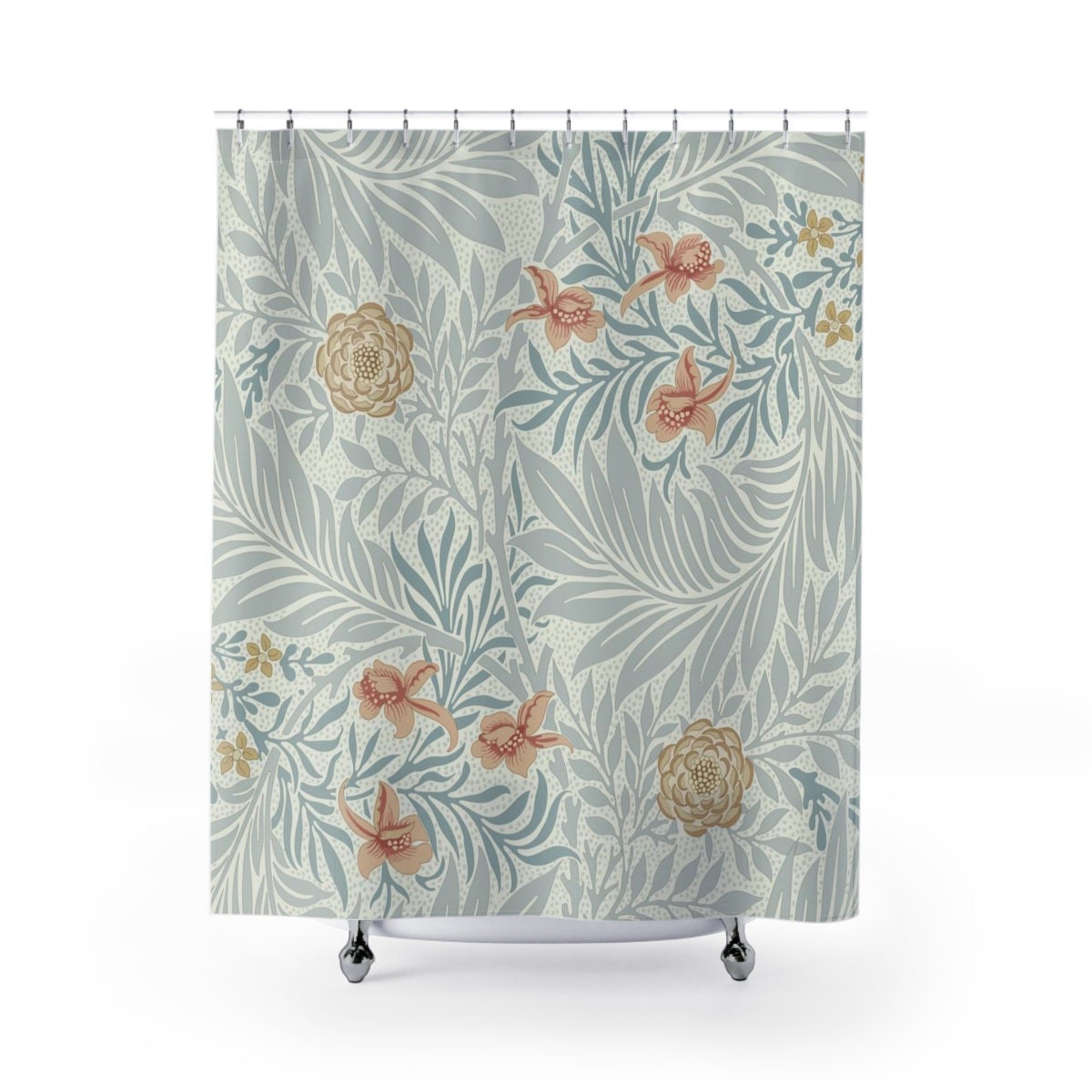 Artistic Antique Flower Bathroom Decor with Vintage Floral Art Larkspur Blue Grey Peach Pattern Shower Curtain