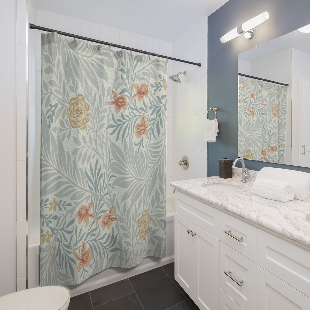 Artistic Antique Flower Bathroom Decor with Vintage Floral Art Larkspur Blue Grey Peach Pattern Shower Curtain