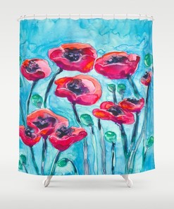 Artistic Bathroom Shower Curtain - Poppies Floral Painting Colorful Modern Peaceful Decor 