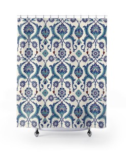 Artistic Bohemian Bathroom Decor Shower Curtain with Blue Green and Cream Arabesque Pattern 