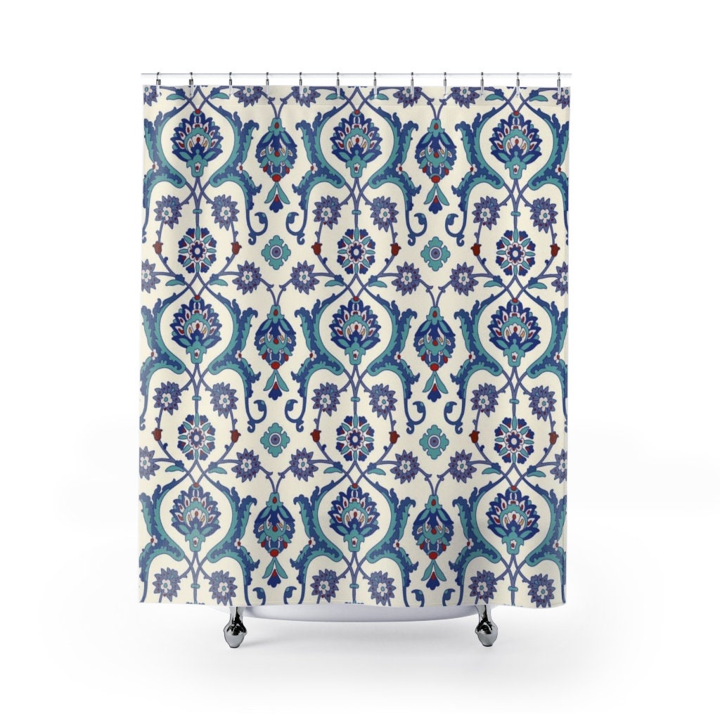 Artistic Bohemian Bathroom Decor Shower Curtain with Blue Green and Cream Arabesque Pattern