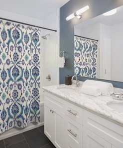 Artistic Bohemian Bathroom Decor Shower Curtain with Blue Green and Cream Arabesque Pattern