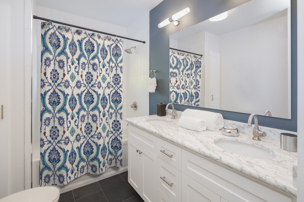 Artistic Bohemian Bathroom Decor Shower Curtain with Blue Green and Cream Arabesque Pattern