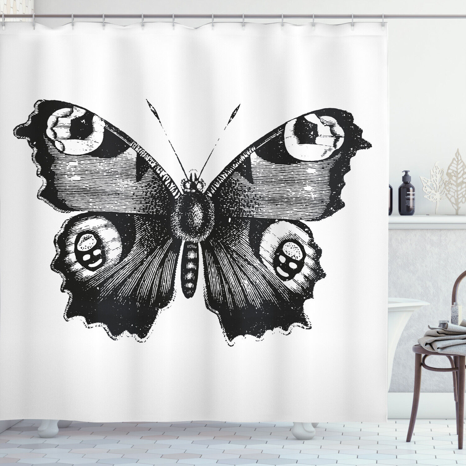 Artistic Butterfly Print Shower Curtain In Black And White, Ideal For Any Nature-Inspired Bathroom