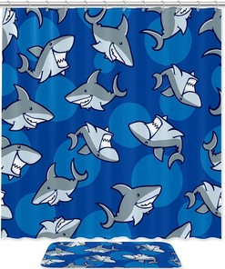 Artistic Cartoon Shark Pattern Blue Background Washable Shower Curtain For Bathroom Decor