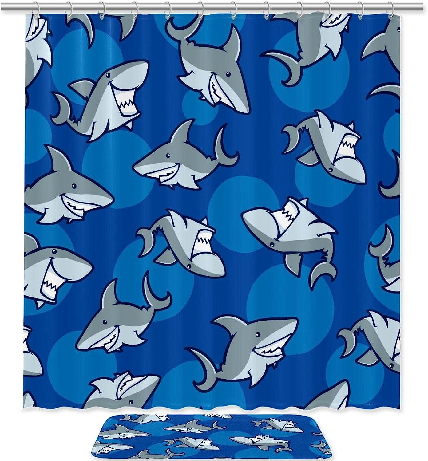 Artistic Cartoon Shark Pattern Blue Background Washable Shower Curtain For Bathroom Decor