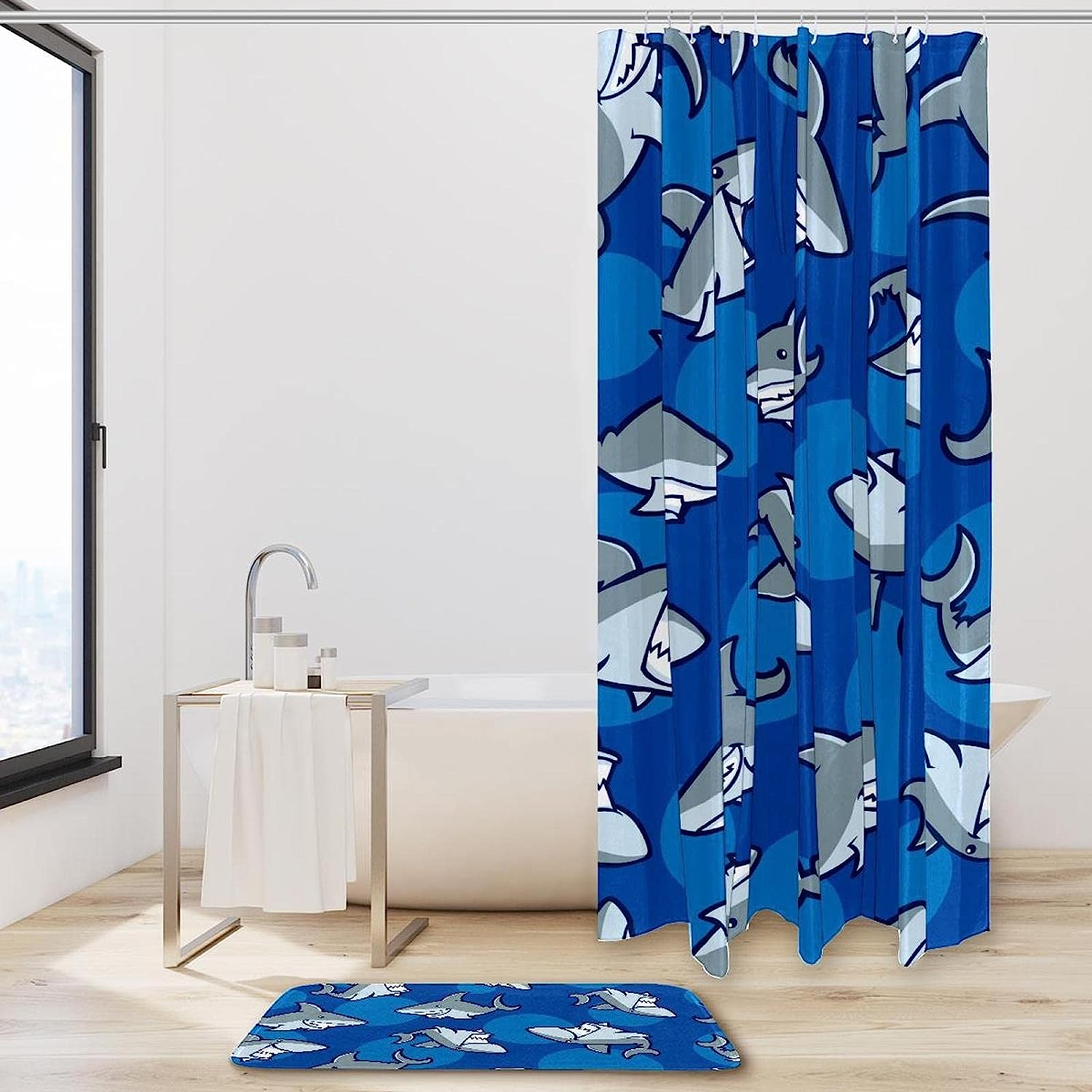 Artistic Cartoon Shark Pattern Blue Background Washable Shower Curtain For Bathroom Decor - Image 2
