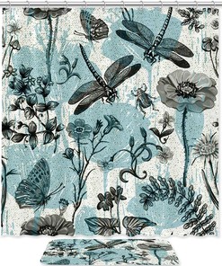 Artistic Dragonfly Insect Waterproof Shower Curtain, Fabric Bathroom Curtain