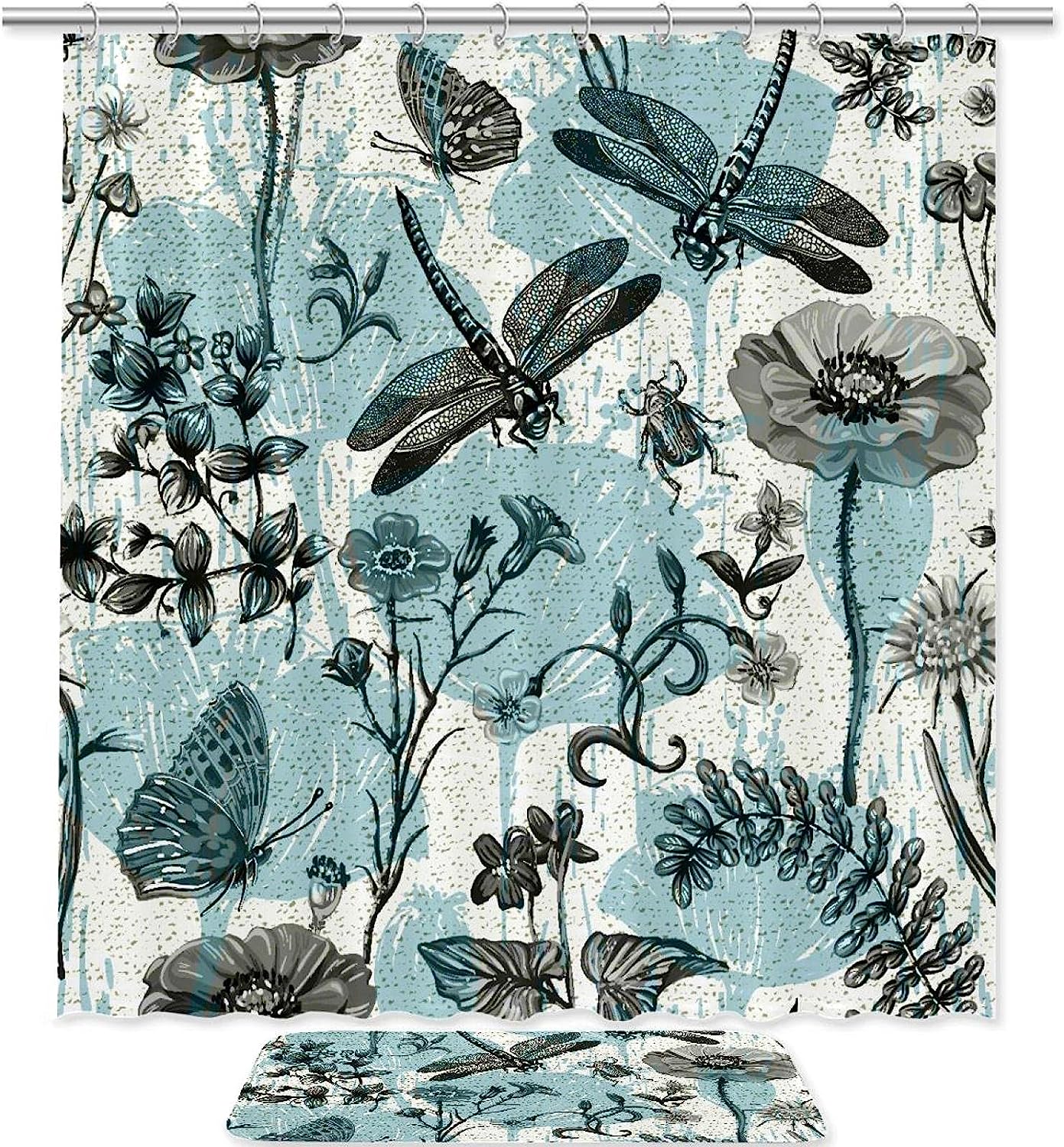Artistic Dragonfly Insect Waterproof Shower Curtain, Fabric Bathroom Curtain