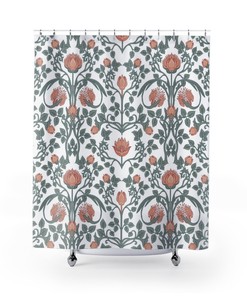 Artistic Floral Shower Curtain, William Morris Sage Green & Peach Flower Vine, Vintage Art Nouveau Floral Pattern