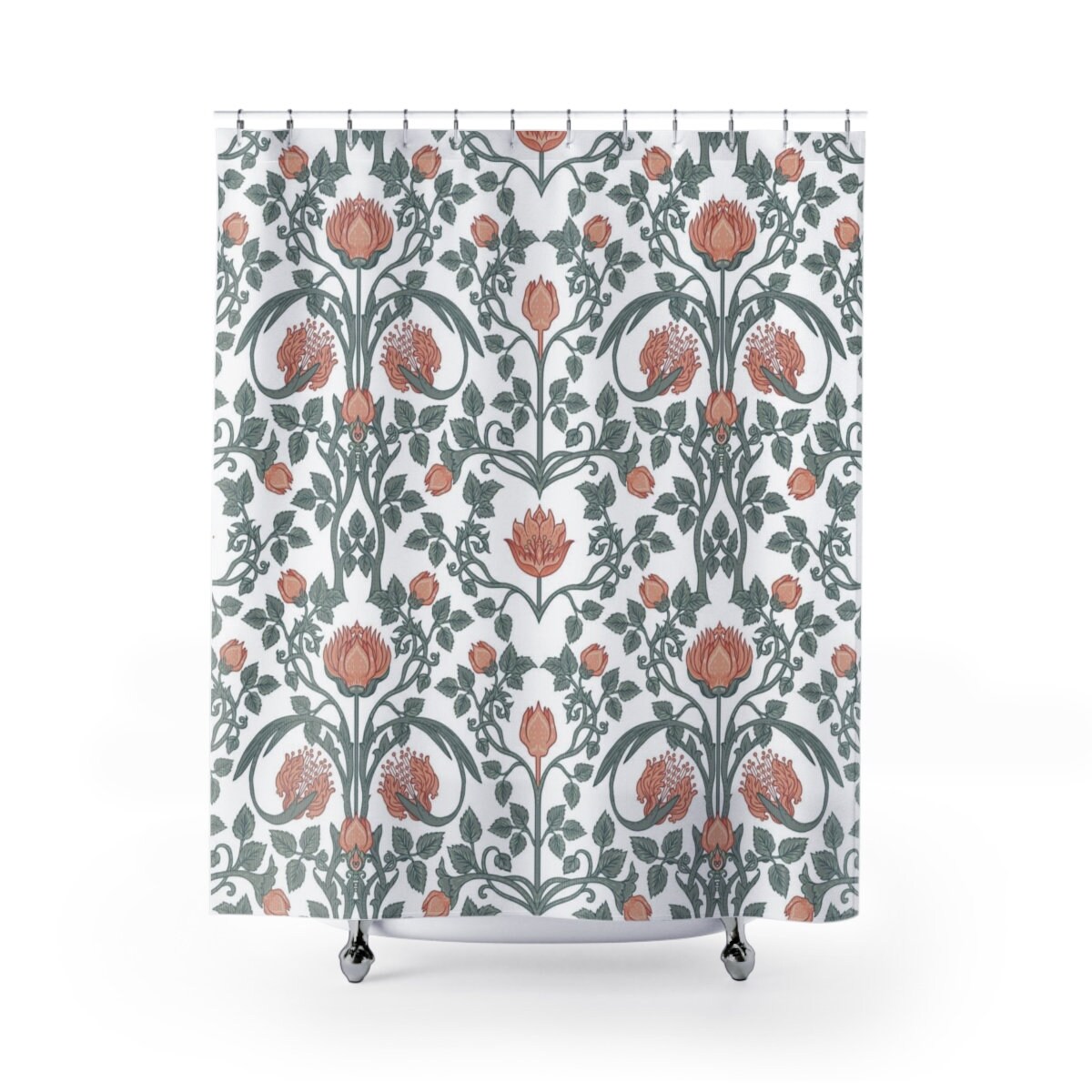 Artistic Floral Shower Curtain, William Morris Sage Green & Peach Flower Vine, Vintage Art Nouveau Floral Pattern