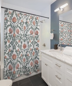 Artistic Floral Shower Curtain, William Morris Sage Green & Peach Flower Vine, Vintage Art Nouveau Floral Pattern
