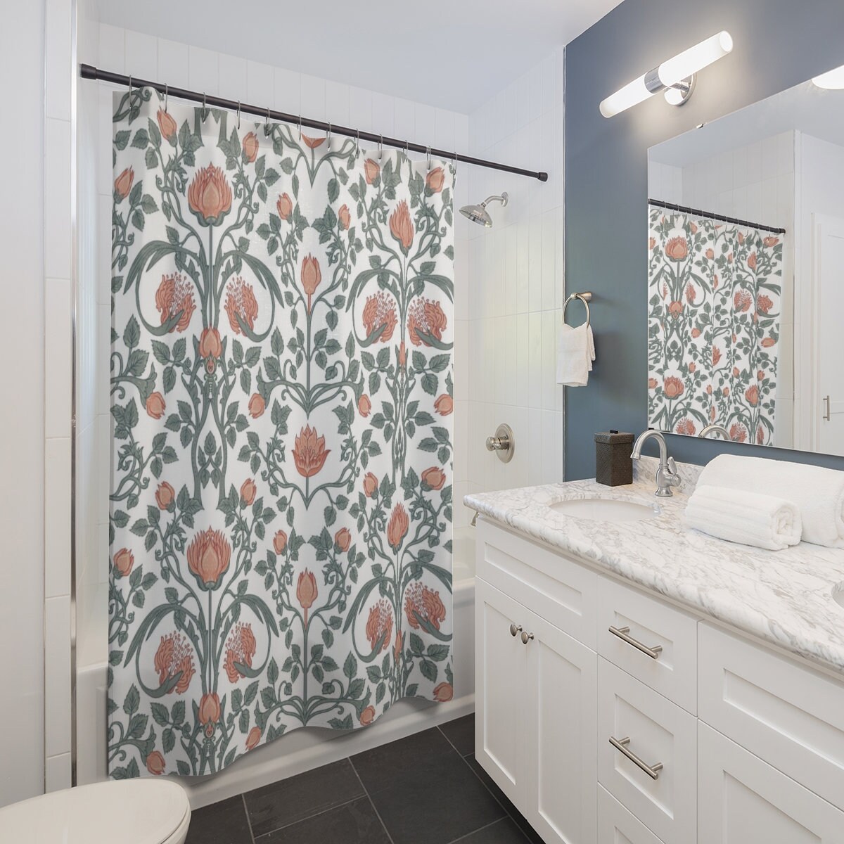 Artistic Floral Shower Curtain, William Morris Sage Green & Peach Flower Vine, Vintage Art Nouveau Floral Pattern