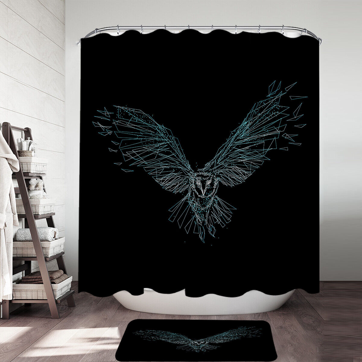 Artistic Flying Owl Drawing Shower Curtain - Mysterious Bird Bathroom Decor