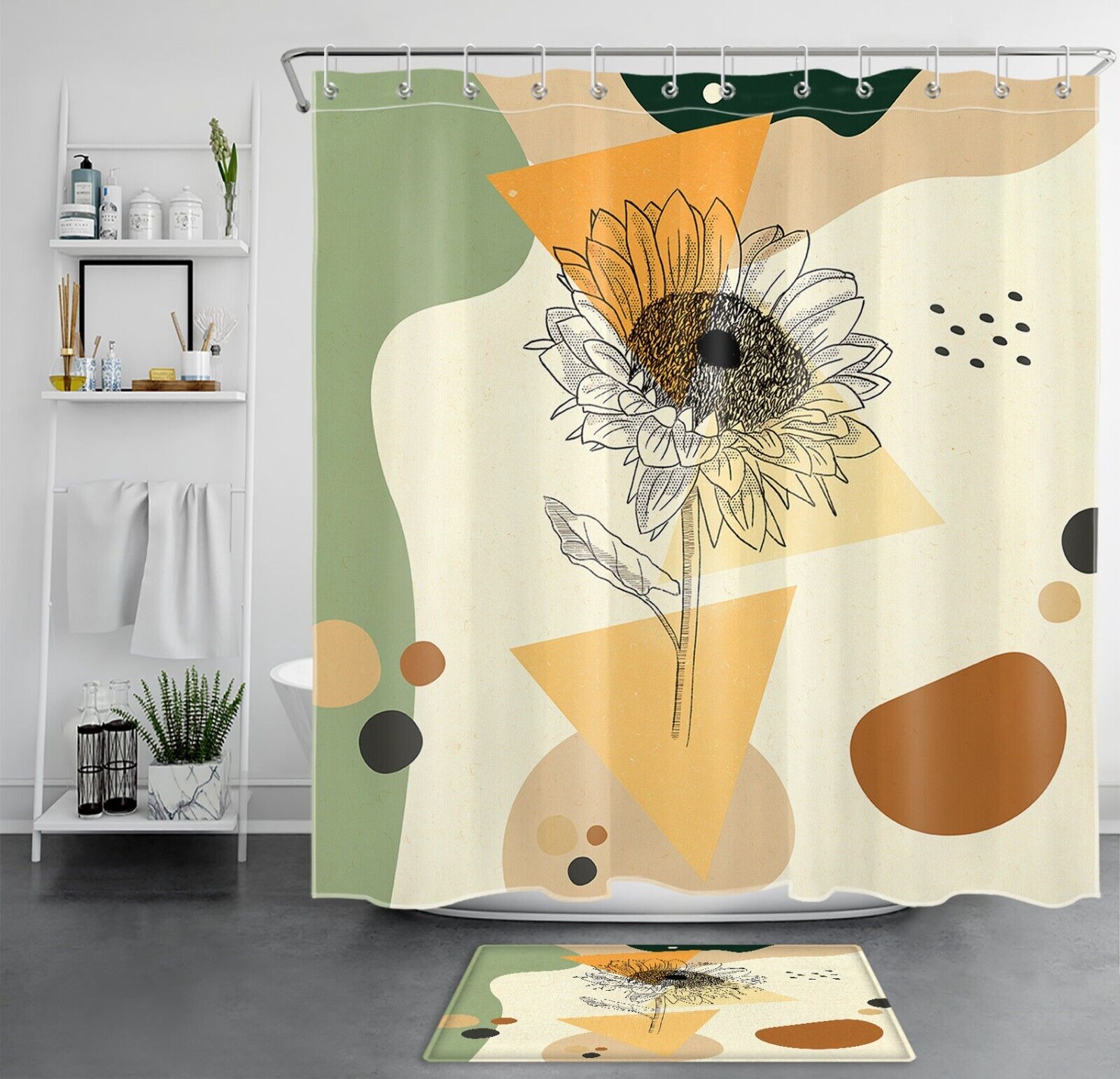 Artistic Geometric Pattern Sunflower Print Shower Curtain for Bathroom