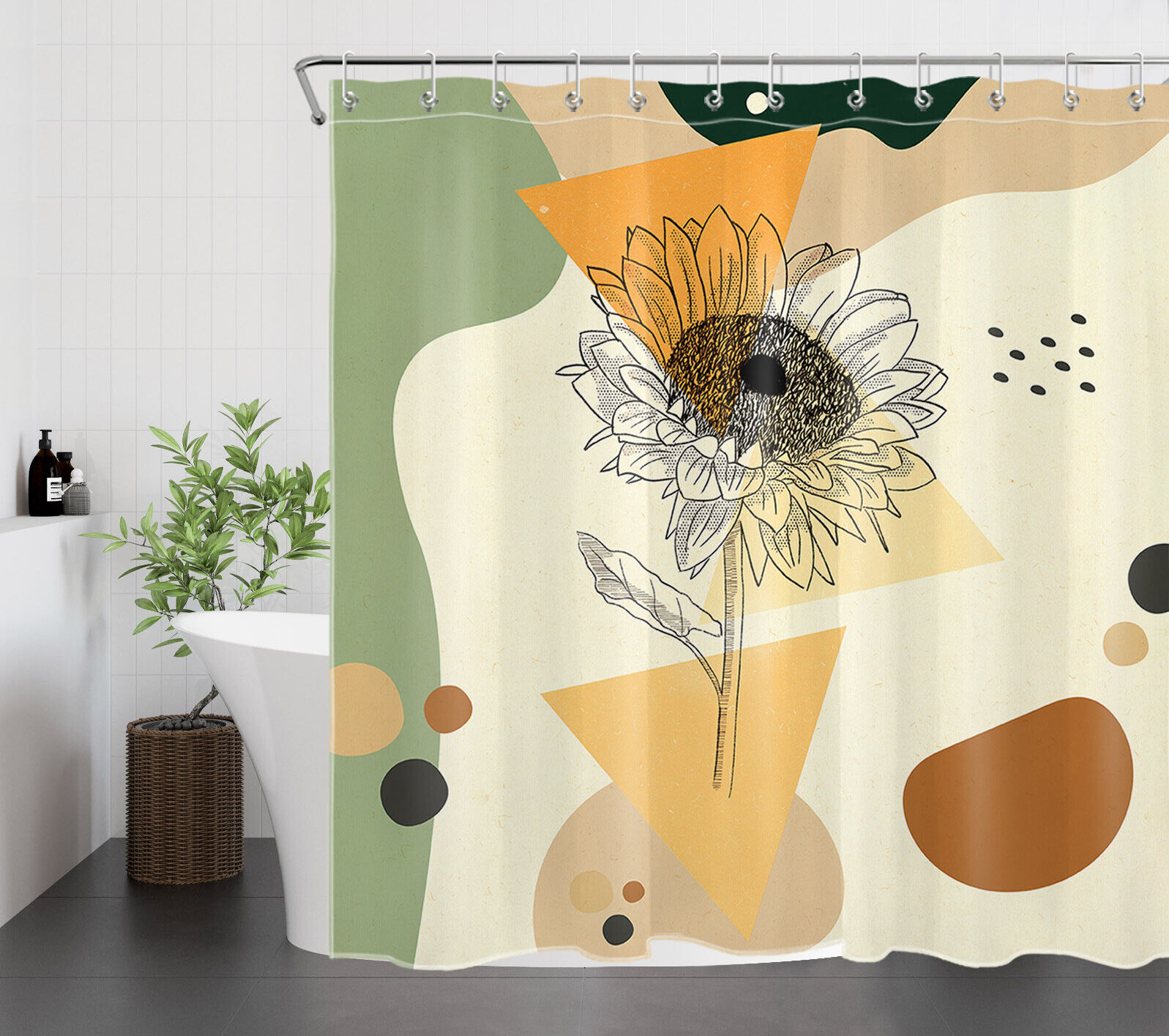 Artistic Geometric Pattern Sunflower Print Shower Curtain for Bathroom