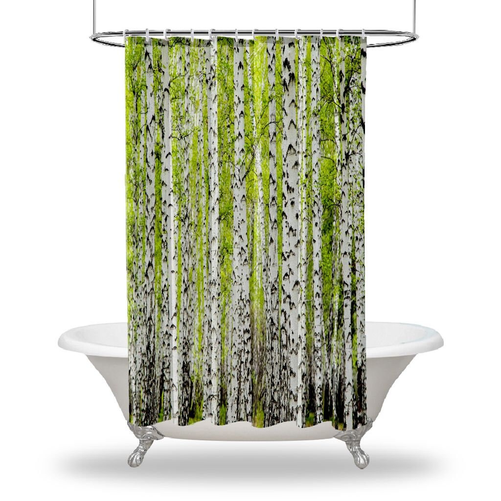 Artistic Greenery Printed Shower Curtain With Birch Trees Print For Nature-Inspired Bathroom Decor