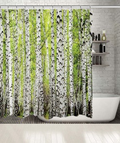 Artistic Greenery Printed Shower Curtain With Birch Trees Print For Nature-Inspired Bathroom Decor