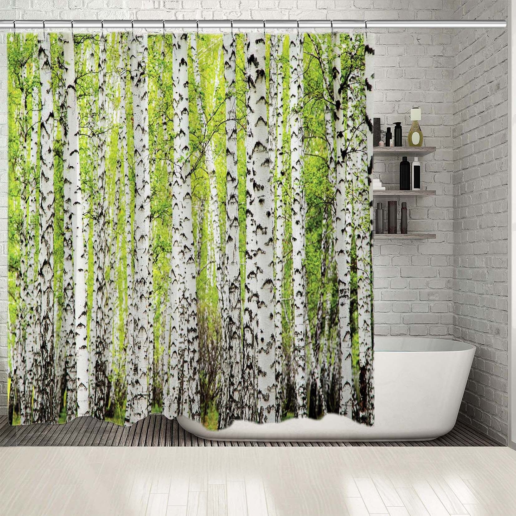 Artistic Greenery Printed Shower Curtain With Birch Trees Print For Nature-Inspired Bathroom Decor