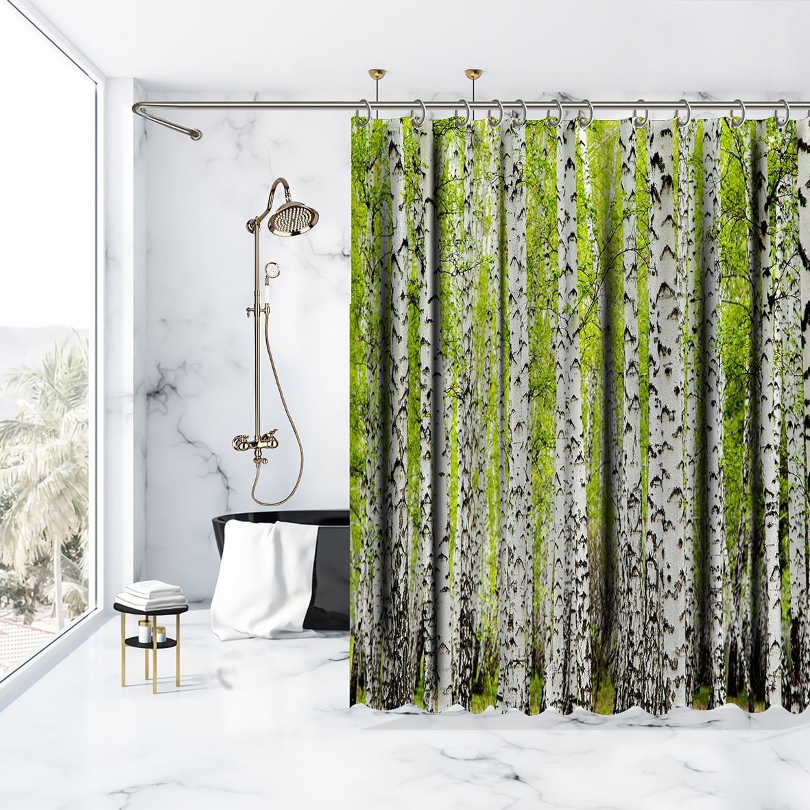 Artistic Greenery Printed Shower Curtain With Birch Trees Print For Nature-Inspired Bathroom Decor