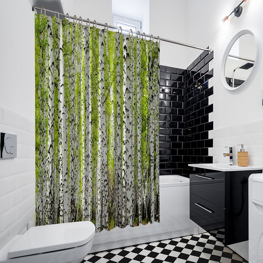 Artistic Greenery Printed Shower Curtain With Birch Trees Print For Nature-Inspired Bathroom Decor