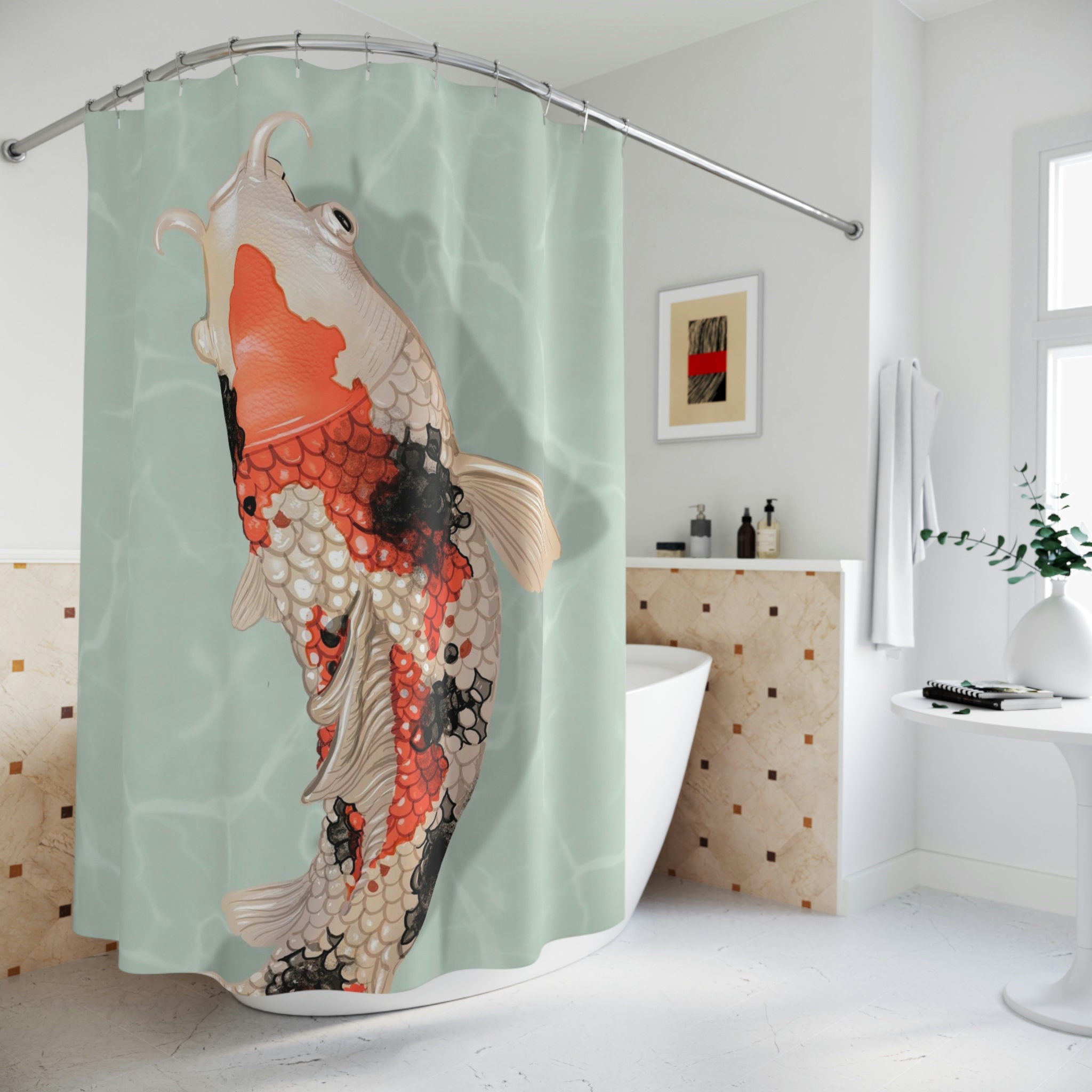 Artistic Koi Fish Shower Curtain for Decorative Bathroom, Resistant to Mold and Mildew