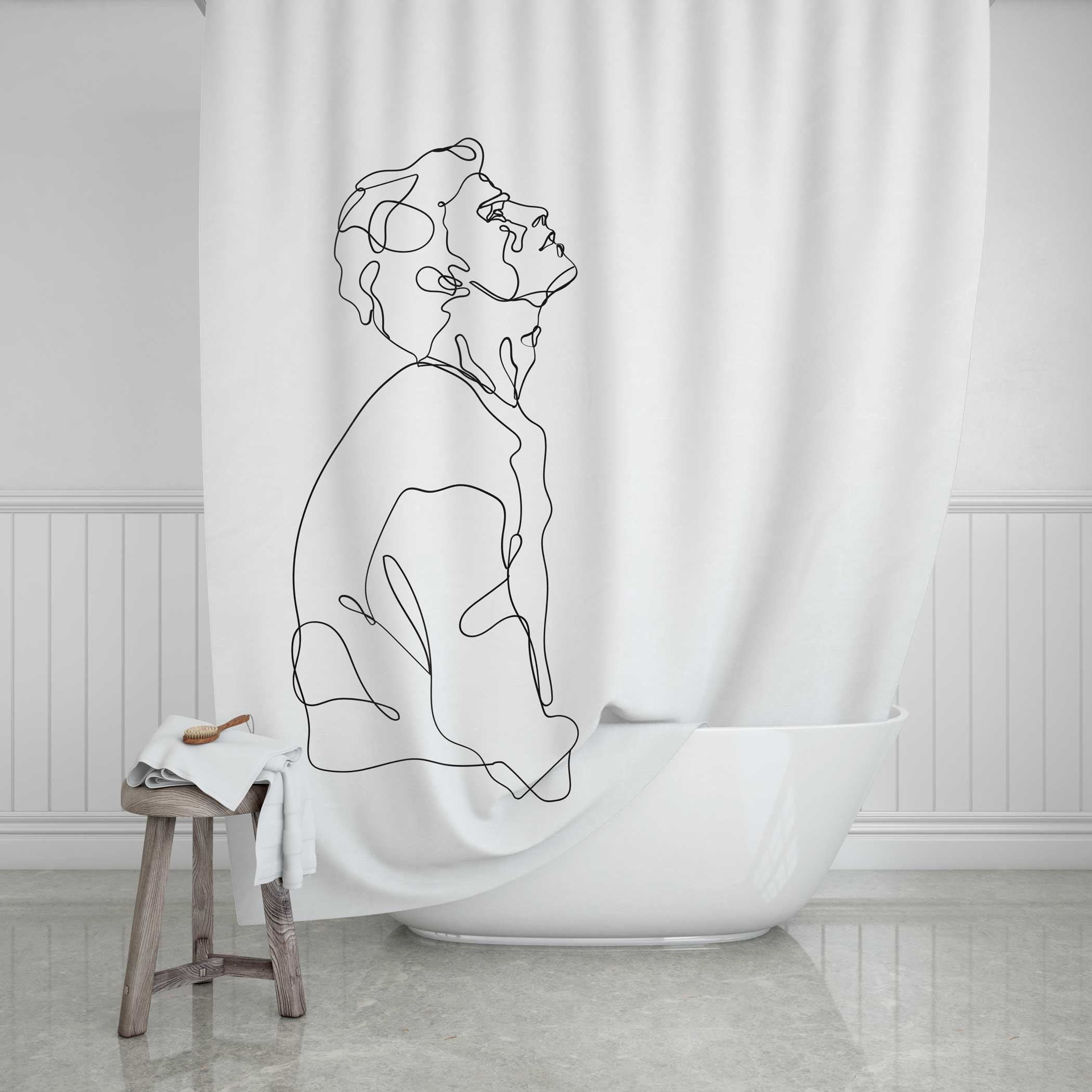 Artistic Line Art Man Shower Curtain In Black And White, Add A Contemporary Touch To Your Bathroom Decor