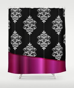 Artistic Magenta Shower Curtain with Metallic, Abstract, and Floral Pattern - Unique and Modern Bathroom Decor.